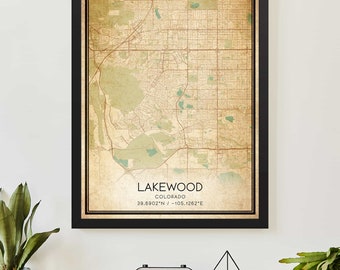 Vintage Lakewood Colorado Map Print Poster Custom Map Art