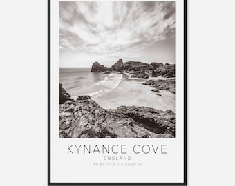 Kynance Cove England Travel Photo Poster BW, Kynance Cove Travel Print, Minimalist Travel Poster Print