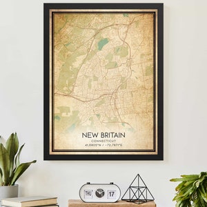 Affiche vintage de carte de la Nouvelle-Bretagne du Connecticut, impression de carte personnalisée