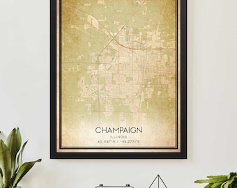Vintage Champaign Illinois Map Print Poster Custom Map Art