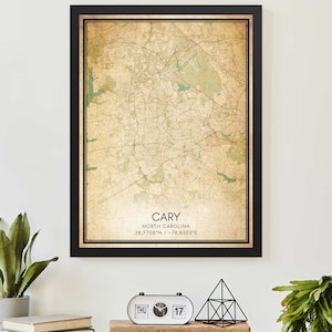 Vintage Cary North Carolina Map Print Poster Custom Map Art