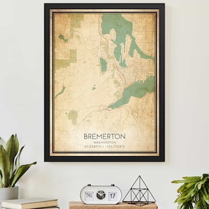Vintage Bremerton Washington kaart print poster aangepaste kaartkunst