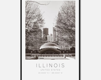 Illinois United States Travel Photo Poster BW, Illinois Travel Print, Minimalist Travel Poster Print