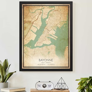 Vintage Bayonne New Jersey Map Print Poster Custom Map Art