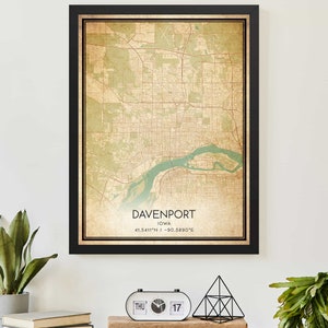 Poster con mappa vintage di Davenport, Iowa, stampa mappa personalizzata