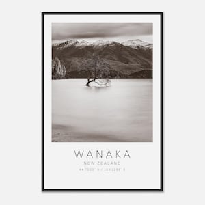 Wanaka New Zealand Travel Photo Poster BW, Wanaka Travel Print, Minimalist Travel Poster Print