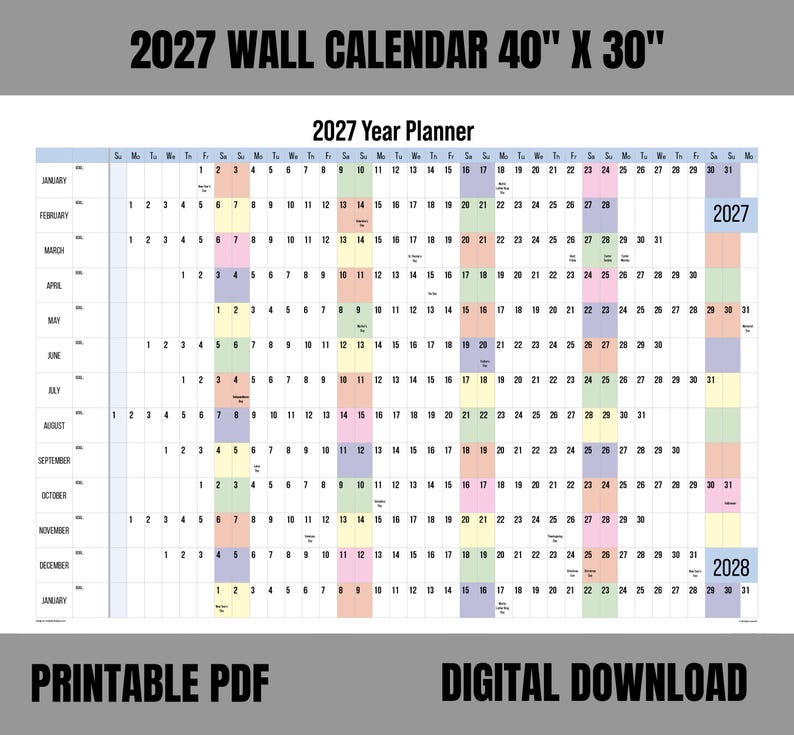 2027 Wall Calendar: Large Printable Year Planner (40x30in, PDF, HQ) - Etsy