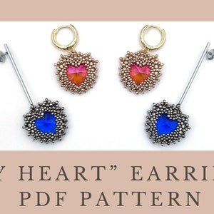 May include: A PDF pattern for making beaded heart earrings. The earrings feature a silver-toned metal finding and a heart-shaped bead cluster with a crystal in the center. One earring has a pink crystal and the other has a blue crystal.