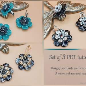 May include: Set of three PDF tutorials for making rings, pendants, and earrings using rose petal beads. The tutorials include three different designs, each with a unique color scheme.