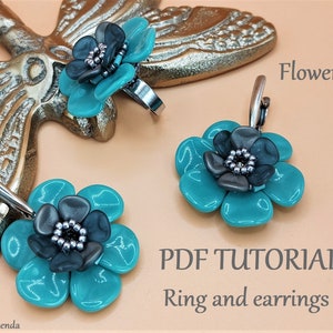 Flower beaded ring tutorial, crystal rivoli earrings with rose petals beads pattern, dangle earrings digital PDF instruction