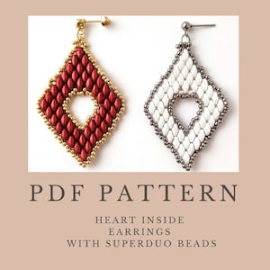Heart dangle earrings beading pattern, superduo rhombus pendant tutorial pdf instant download, beadwoven jewelry, beaded Valentine's Day DIY