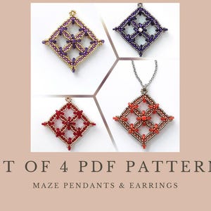 May include: Set of 4 PDF patterns for maze pendants and earrings. The image shows four square pendants in different colors: purple, dark blue, red, and orange. The pendants are made of small beads and have a geometric design.