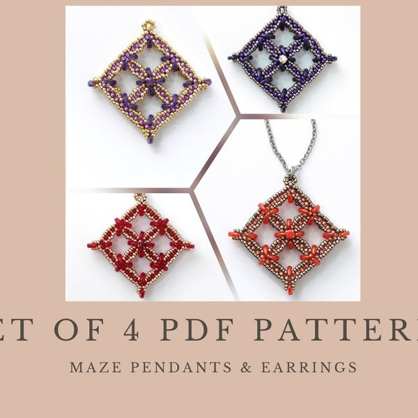 Set of 4 beading patterns for rhombus pendant, step by step PDF tutorial for beadwoven square necklace, DIY Cubic Right Angle Weave earrings