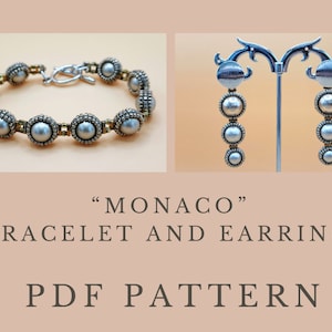 Op de afbeelding: Een PDF-patroon voor een zilveren en gouden kralen armband en oorbellen set genaamd "Monaco".