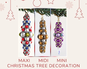 May include: Set of three beaded Christmas tree ornaments in different sizes: maxi, midi, and mini. The ornaments are made with silver, gold, red, blue, and purple beads. The ornaments are hanging from a Christmas tree branch. *SET OF PDF PATTERNS*