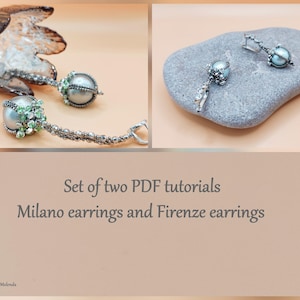 May include: Set of two PDF tutorials for making Milano and Firenze earrings. The earrings feature silver and pearl accents with green crystals.