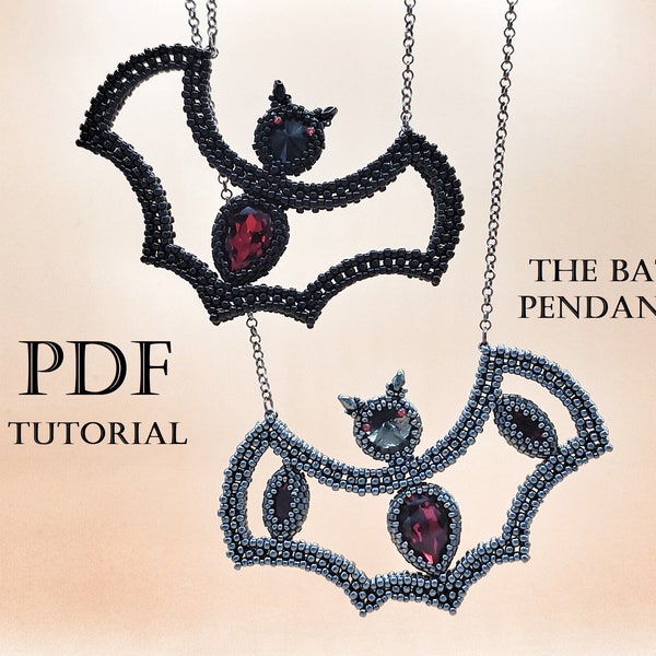 Tutoriel de création de perles pour pendentif chauve-souris avec rocailles et cristaux, instructions PDF étape par étape pour le collier d'Halloween en point CRAW et peyotl