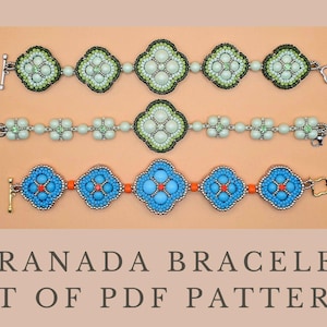 May include: Three beaded bracelets with a flower design. The top bracelet is green and white, the middle bracelet is light blue and white, and the bottom bracelet is blue and orange. The bracelets are labeled "Granada Bracelet Set of PDF Patterns".