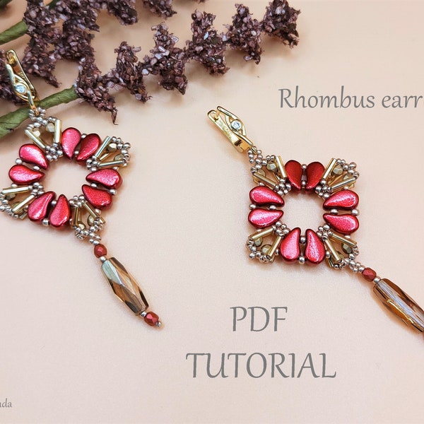 Dangle earrings pattern with paisley duo, seed beads and bugles, beaded jewelry step by step tutorial for beginners instant PDF download