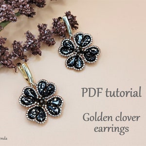 May include: A pair of gold clover earrings with black beads and a black gemstone in the center. The earrings are on a light brown background with the text "PDF tutorial Golden clover earrings".