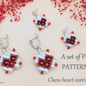 Pearl heart shape earrings pattern, set of beading instructions, step by step tutorial for beginners, RAW stitch square,  St Valentine day