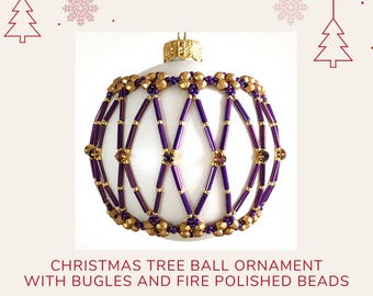 Beading pattern Christmas tree 8 cm ball cover ornament, beaded Xmas decoration with bugle beads, instant download PDF, beadwoven bauble net