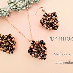 May include: A PDF tutorial for making a set of brown and gold beaded earrings and a pendant. The earrings and pendant are shaped like hearts and feature a central crystal.