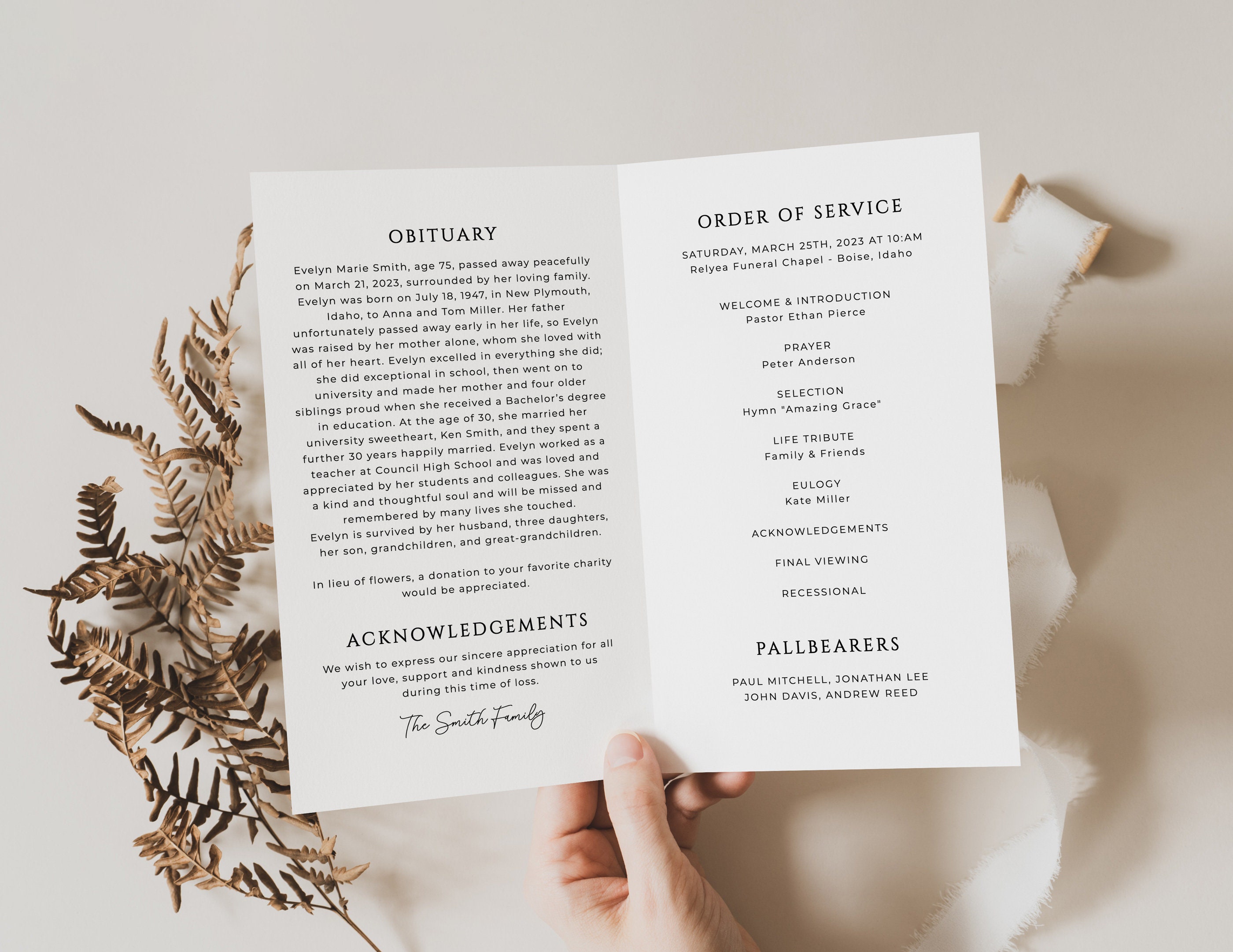Celebration of Life Program Template, Minimalist Obituary Template ...