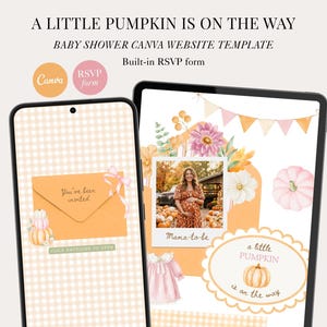 Modello di sito web per baby shower "A Little Pumpkin Is On the Way", invito modificabile su Canva, sito web per baby shower rosa per bambina con RSVP