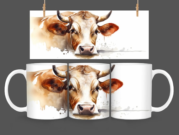 11oz. Watercolor Cow Mug Wrap Designs, Watercolor Cattle Wrap Around Sublimation Design, Farmer Design Wrap