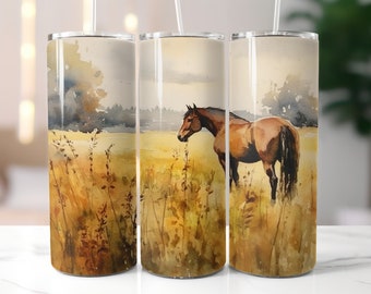590 ml akvarellolja häst i ett fält tumbler wrap design, western häst design PNG
