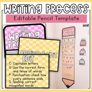 Writing Process Pencil Editable PowerPoint Template Plaid Checkered Pencil Student Display