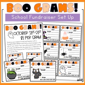 May include: A printable Boo Grams school fundraiser set featuring a flyer with event details and multiple small cards with Halloween graphics like ghosts, candy corn, a witch hat, a spider, a cauldron, and a black cat, all with blank fields.