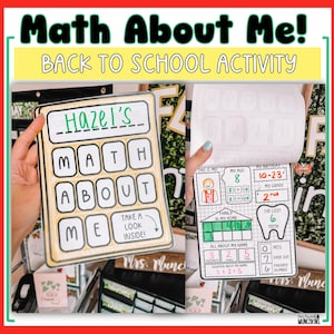 May include: A back-to-school activity sheet titled "Math About Me!" features a calculator-themed design with fill-in-the-blank sections for personal information. The sheet includes prompts for age, grade, and favorite things. The text "Back to School Activity" is also visible.