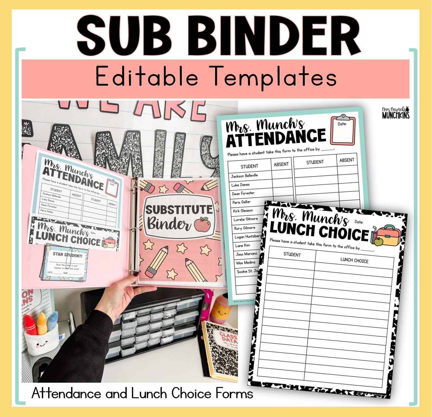 Classroom Sub Binder Editable Teacher Templates Substitute Plan ...