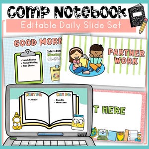 Cahier de composition, diapositives quotidiennes pour la classe, fournitures scolaires, thème Canva, Google modifiable