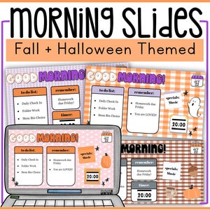 Puede incluir: Una pantalla de portátil muestra una diapositiva de "Buenos días" con un tema de otoño y Halloween. La diapositiva incluye una lista de tareas, recordatorios y un temporizador. Diapositivas adicionales presentan calabazas, fantasmas y el texto "Morning Slides".