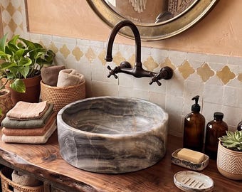 Grey Onyx Stone Vessel Sink | Modern Cylinder Basin | Natural Veined Marble Bathroom Decor