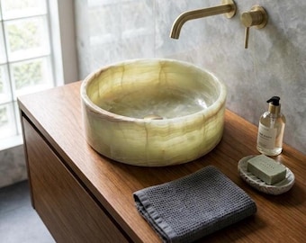 Lavabo de piedra de ónix verde hecho a mano, lavabo cilíndrico de mármol de lujo para baño.