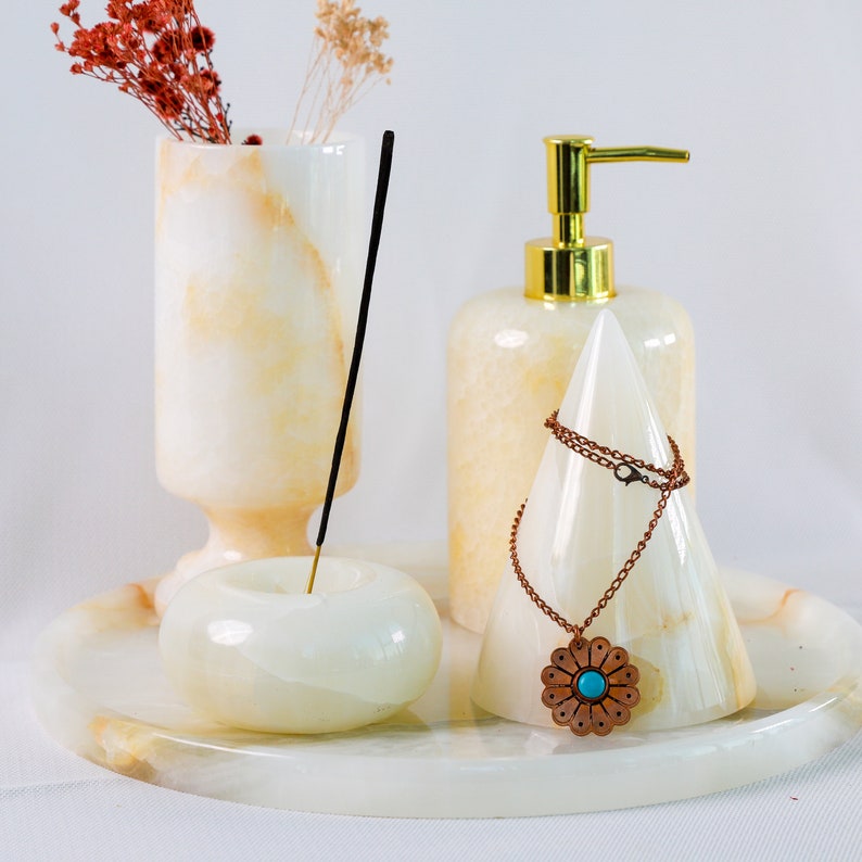 Vanity Set in White Onyx 5 pcs Bathroom Accessories Made of Onyx Stone Tray Soap Dispenser Flower Vase Jewelry & Incense Holders image 2