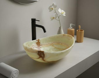Handmade Oval Onyx Bathroom Sink | Natural Marble Vessel