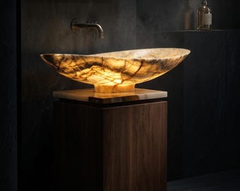 Grey Onyx Marble Vessel Sink, Natural Stone Vanity Basin, Handcrafted Bathroom Countertop (64x38x16 cm)