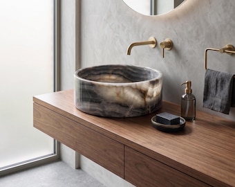 Lavabo de piedra ónix gris / Lavabo cilíndrico moderno / Decoración de baño de mármol veteado natural