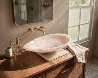 Natural Pink Onyx Stone Sink | Luxury Vessel Basin | Hand-Carved Marble Bathroom Vanity | Blush Pink Countertop Sink