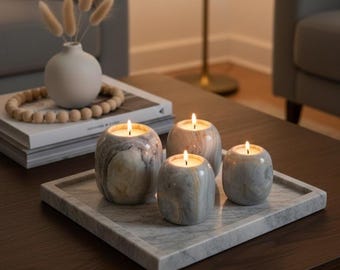 Handmade Onyx Candle Holders | Set of 4, Marble Vein Stone Accent