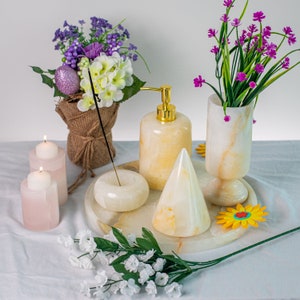 Vanity Set in White Onyx 5 pcs Bathroom Accessories Made of Onyx Stone Tray Soap Dispenser Flower Vase Jewelry & Incense Holders image 6