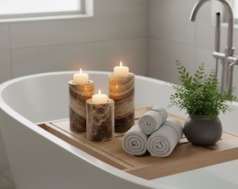 Handmade Brown Marble Candle Holders Set | Elegant Home Decor | Each Piece Varies |