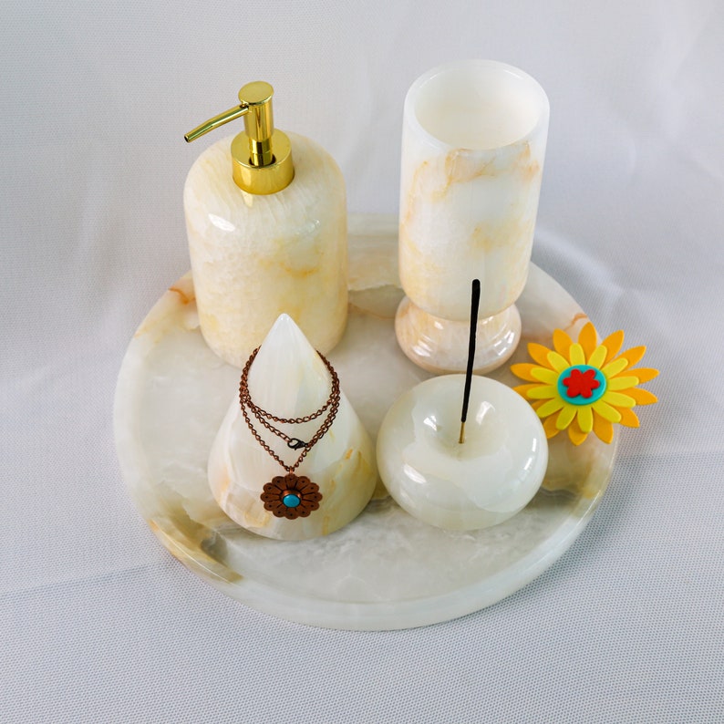 Vanity Set in White Onyx 5 pcs Bathroom Accessories Made of Onyx Stone Tray Soap Dispenser Flower Vase Jewelry & Incense Holders image 4
