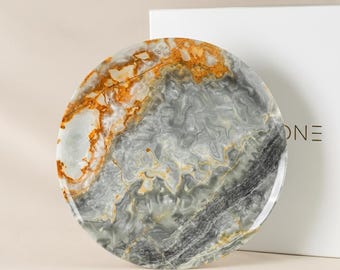 Gray Onyx Marble Plate: Handmade Stone Serving Tray, 12" | Each Piece Varies |