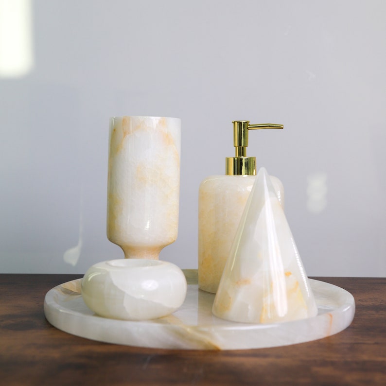 Vanity Set in White Onyx 5 pcs Bathroom Accessories Made of Onyx Stone Tray Soap Dispenser Flower Vase Jewelry & Incense Holders image 3